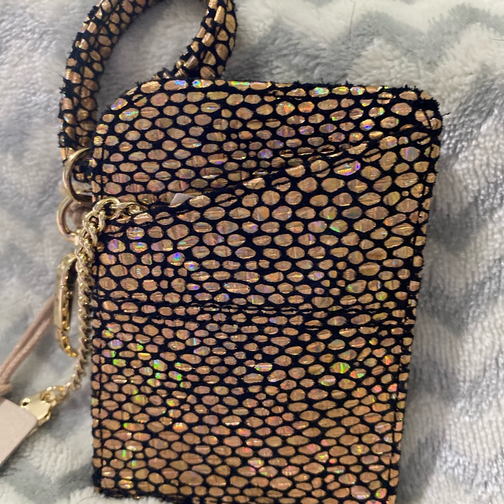 Hobo International Leather Dazzle ID Case Sable Bag Charm Disco Print NWT
